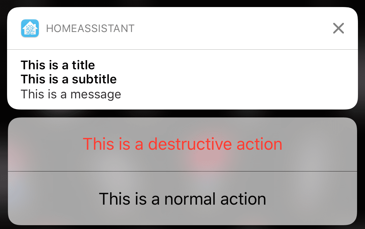 A push notification showing all of the basic options title and message as well as subtitle and actions.